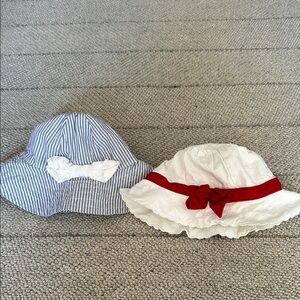 Pair of Janie and Jack baby Striped Blue and White with red bow baby Sun Hat Set